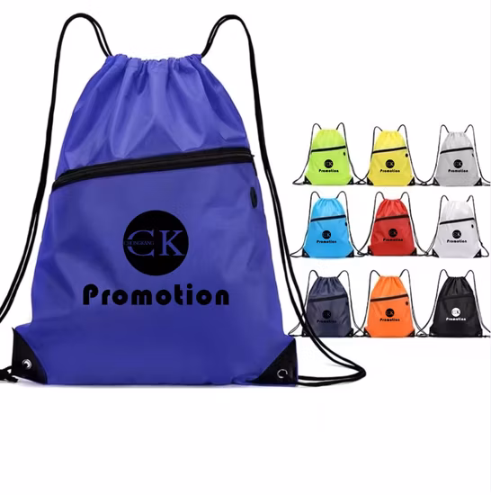 Borsa sportiva in nylon con coulisse, impermeabile e resistente, in poliestere 210d, con logo personalizzato stampato e chiusura con cerniera frontale